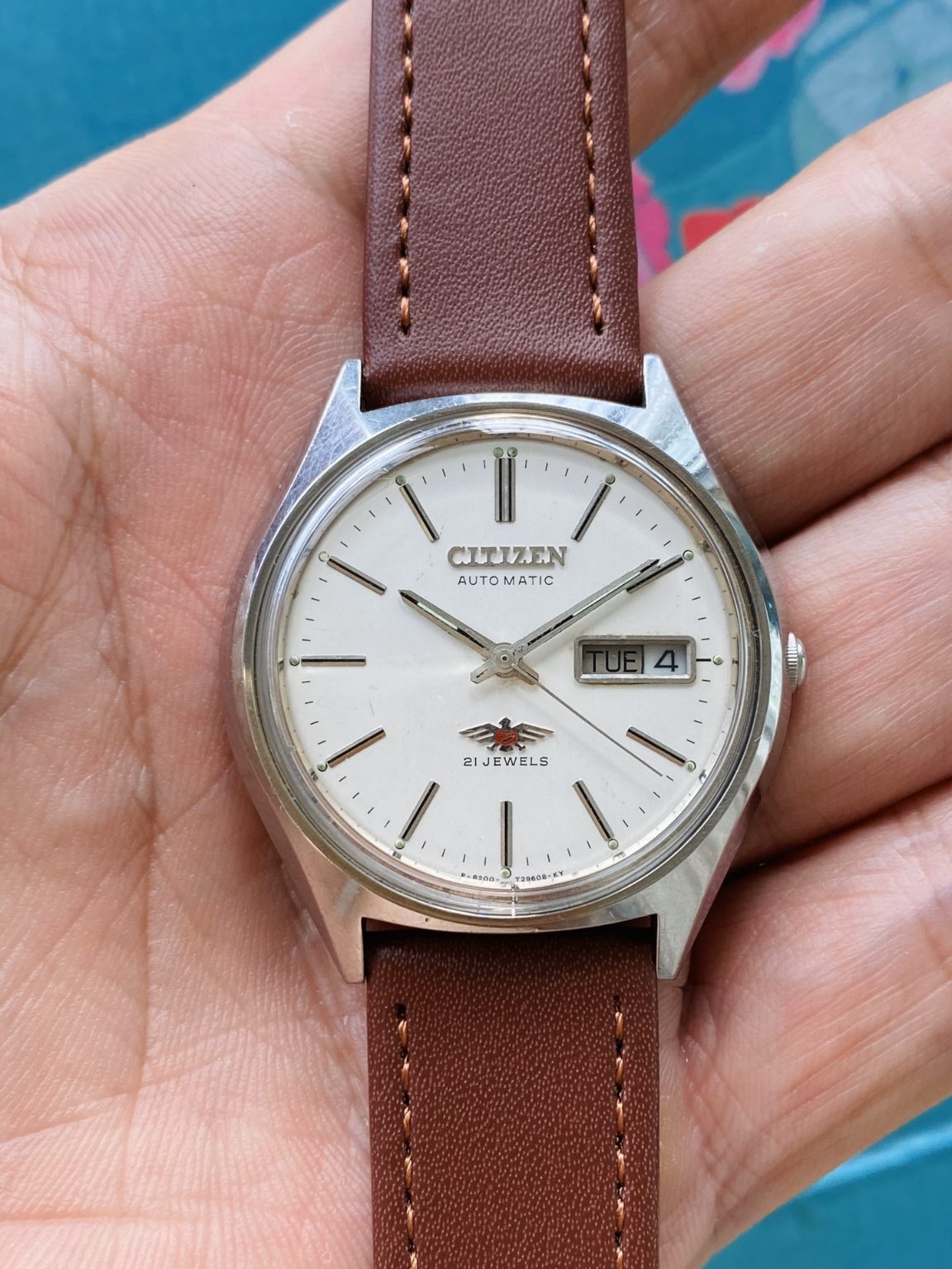 Vintage Citizen White Eagle Automatic Watch 8200 21Jewels 36mm 181-0130