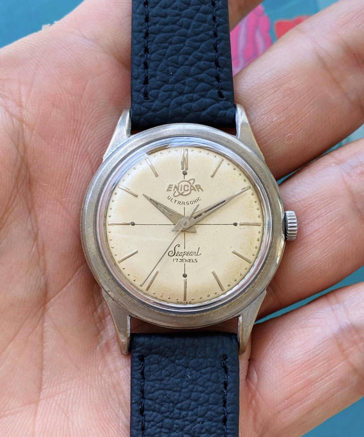 Enicar Seapearl 17 Jewels Manual Wind Watch Crosshair Cal.1020 34.5mm 102-0238