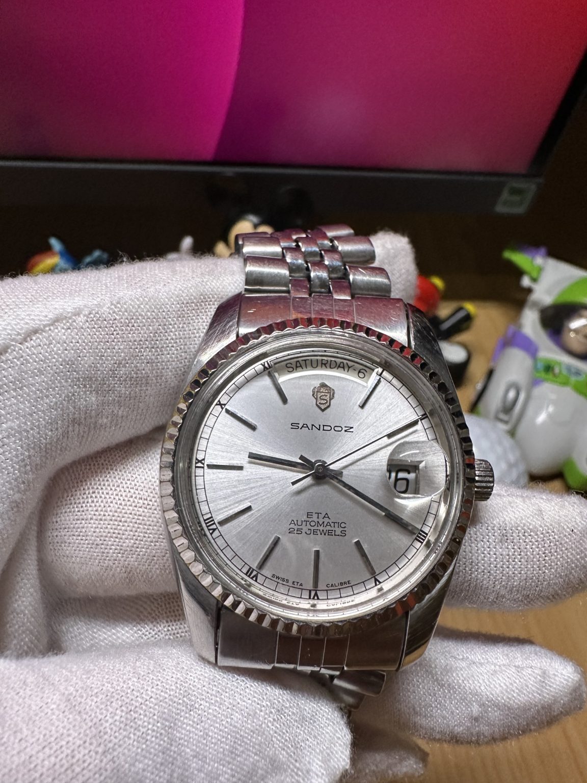 Swiss Made Sandoz Day Date President Automatic Watch 25 Jewels 35.8MM 157-0538