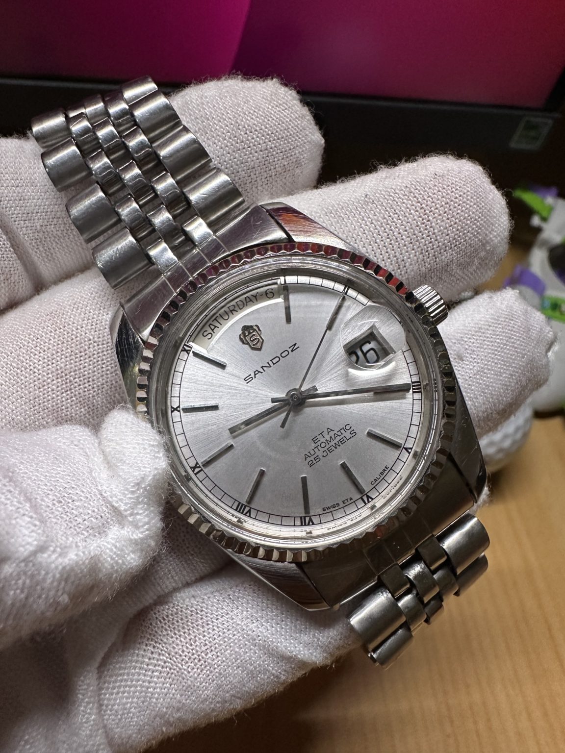 Swiss Made Sandoz Day Date President Automatic Watch 25 Jewels 35.8MM 157-0538