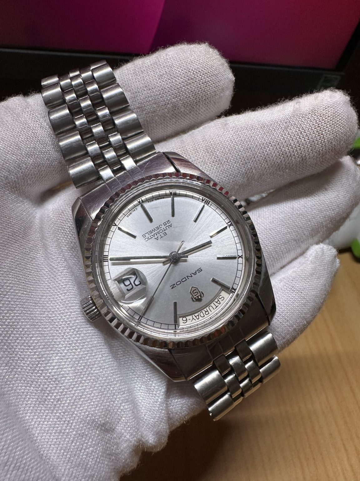 Swiss Made Sandoz Day Date President Automatic Watch 25 Jewels 35.8MM 157-0538