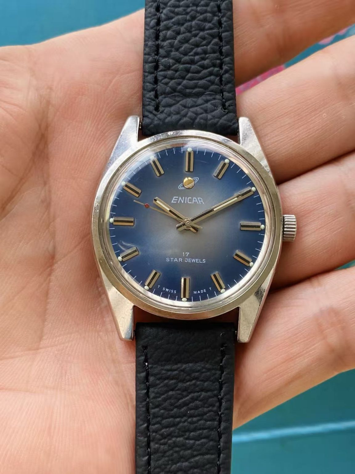 Enicar Manual-Winding Watch AR-160 Rare Blue Dial 35.8mm 17 Jewels 255-0210