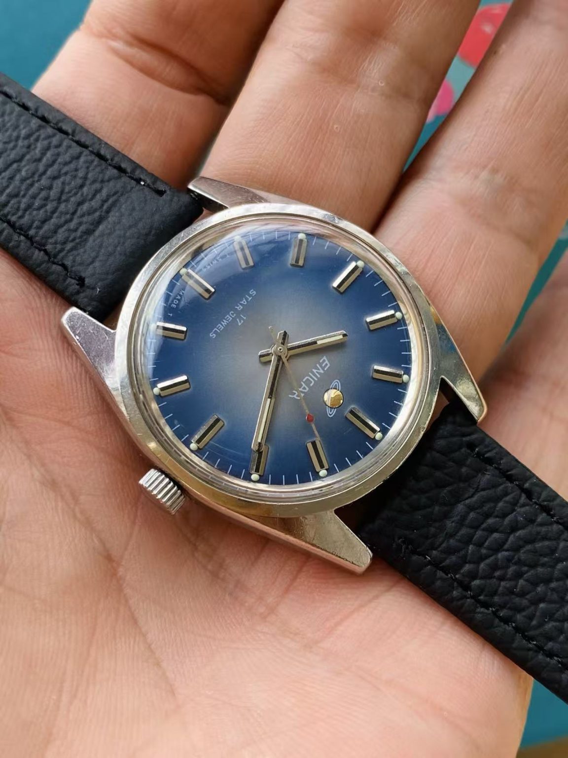 Enicar Manual-Winding Watch AR-160 Rare Blue Dial 35.8mm 17 Jewels 255-0210