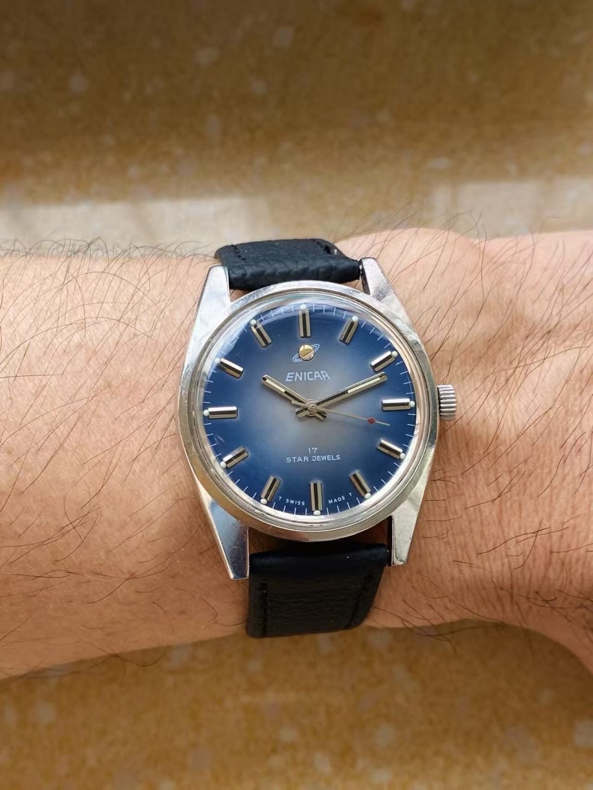 Enicar Manual-Winding Watch AR-160 Rare Blue Dial 35.8mm 17 Jewels 255-0210