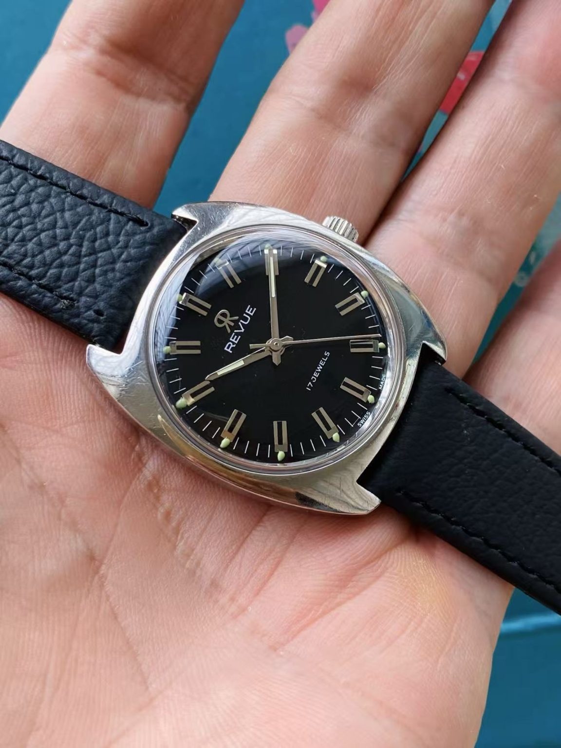 REVUE Manual Wind Mens' Swiss Watch Black Dial 34mm ETA 2750 17 Jewels 299-0218