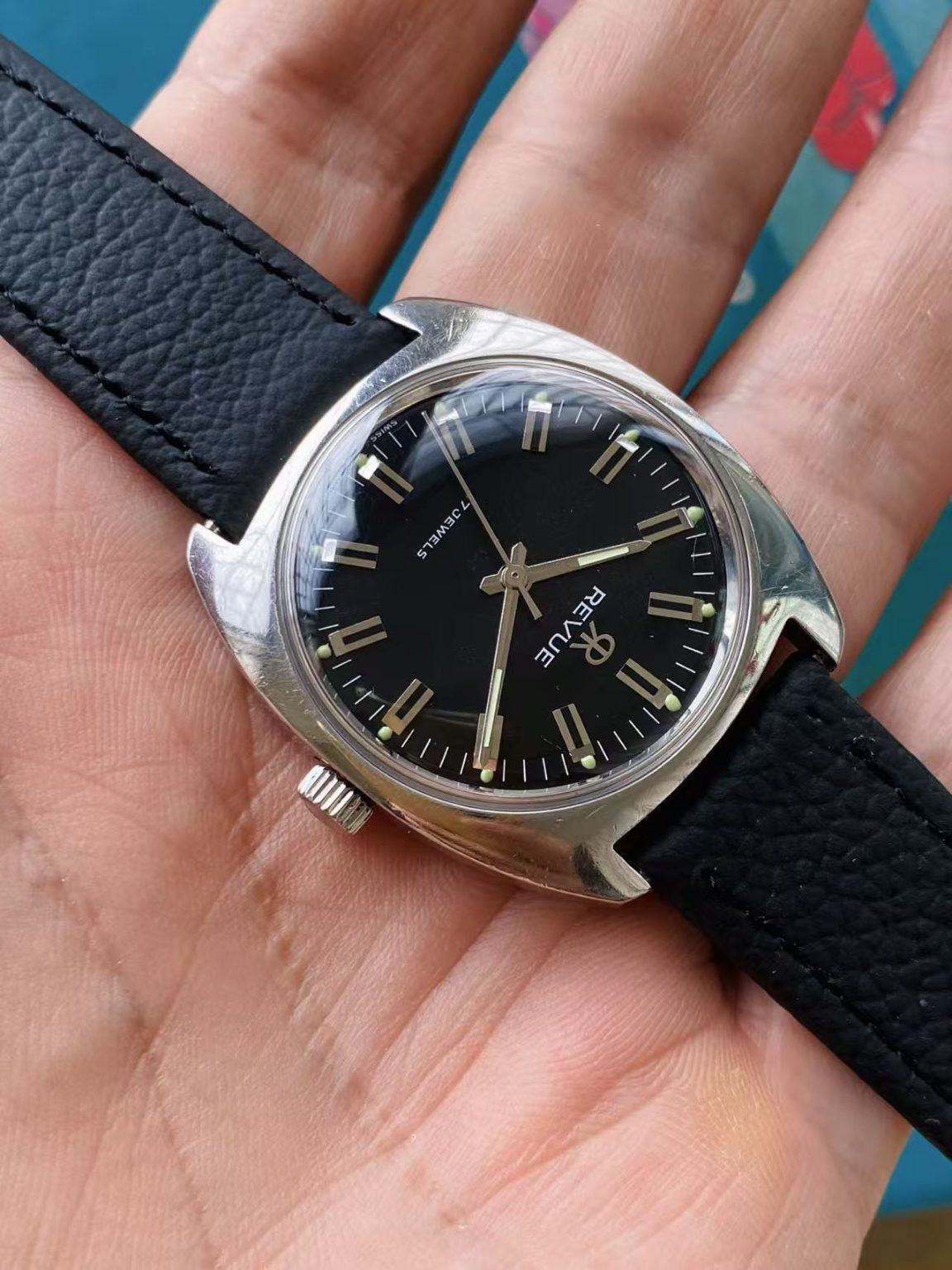 REVUE Manual Wind Mens' Swiss Watch Black Dial 34mm ETA 2750 17 Jewels 299-0218