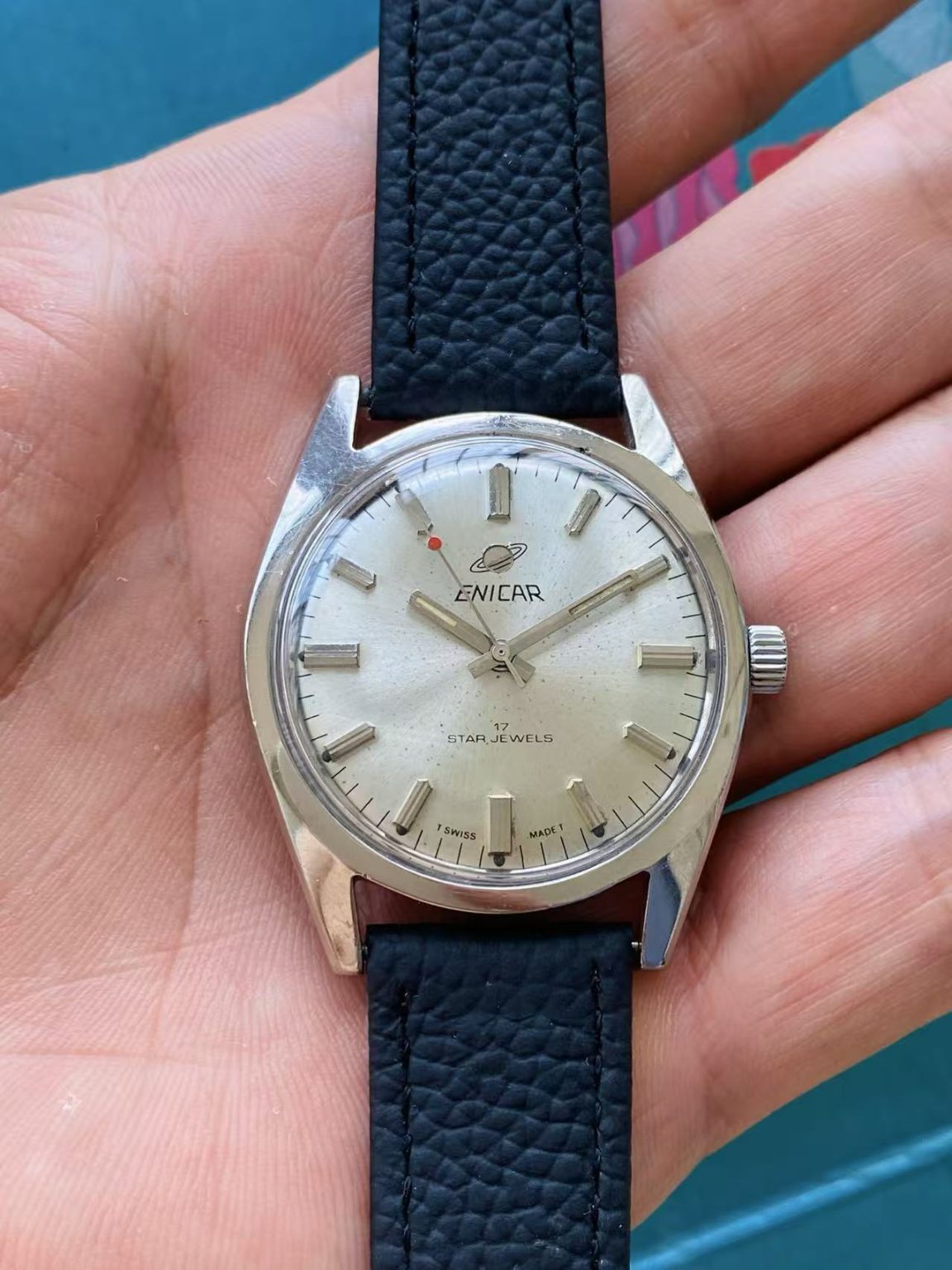 ENICAR Manual-Wind Swiss Watch Silver Domed Dial 36mm AR160 17Jewels 107-0160