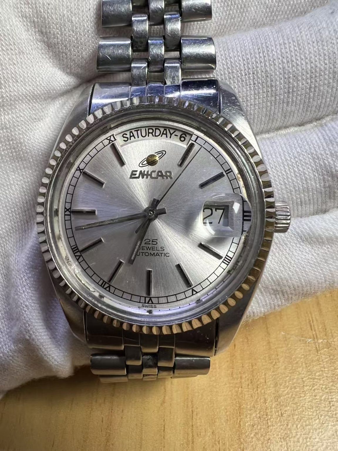 Swiss Made Enicar Day Date Automatic Watch 2169 25 Jewels 36MM 294-0420