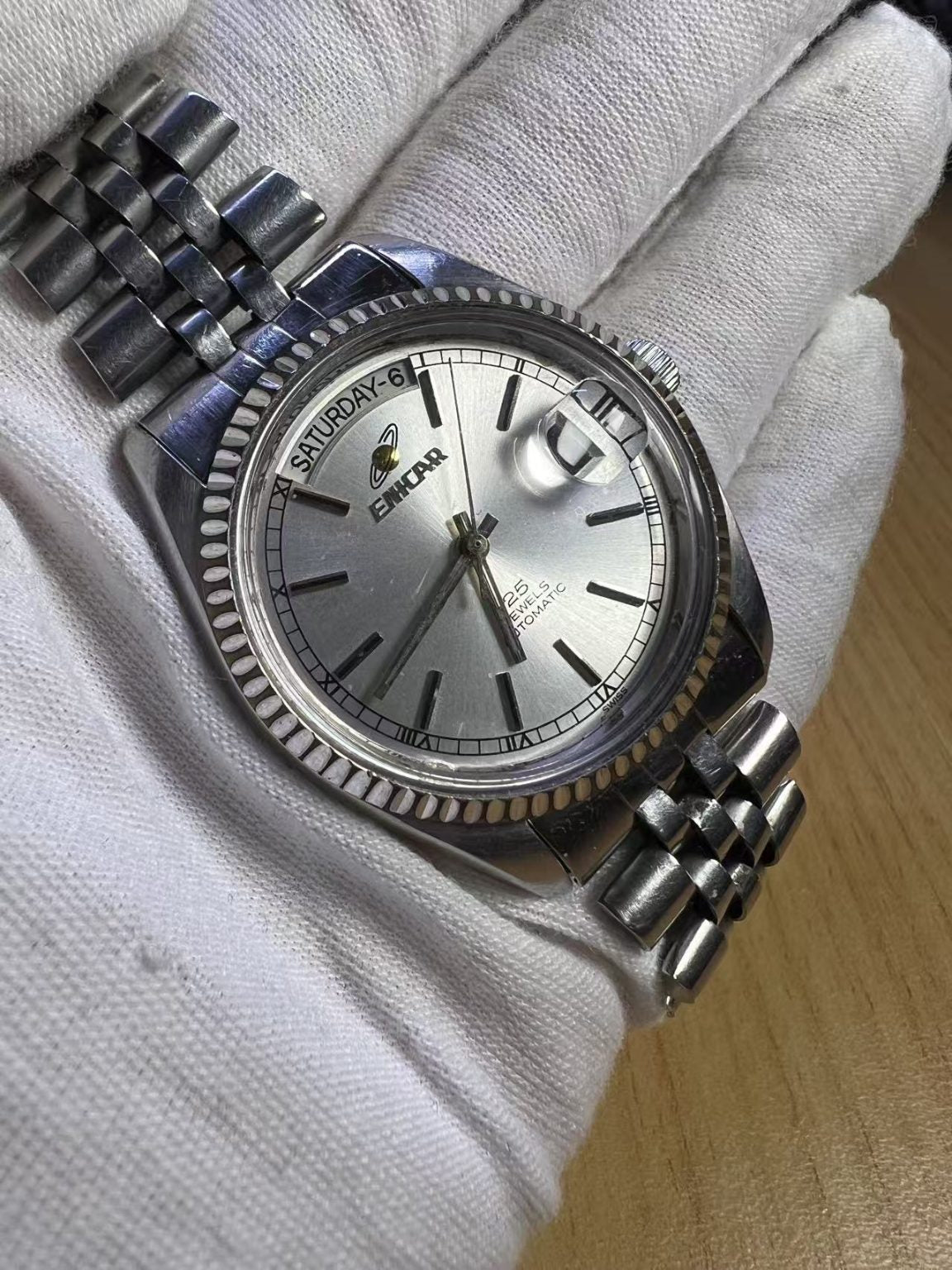 Swiss Made Enicar Day Date Automatic Watch 2169 25 Jewels 36MM 294-0420