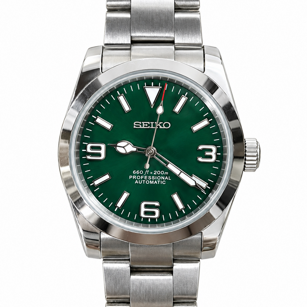 Custom Modified Seiko Explorer-Style Automatic Watch 36mm Green Dial NH35 Luminous 234-0380