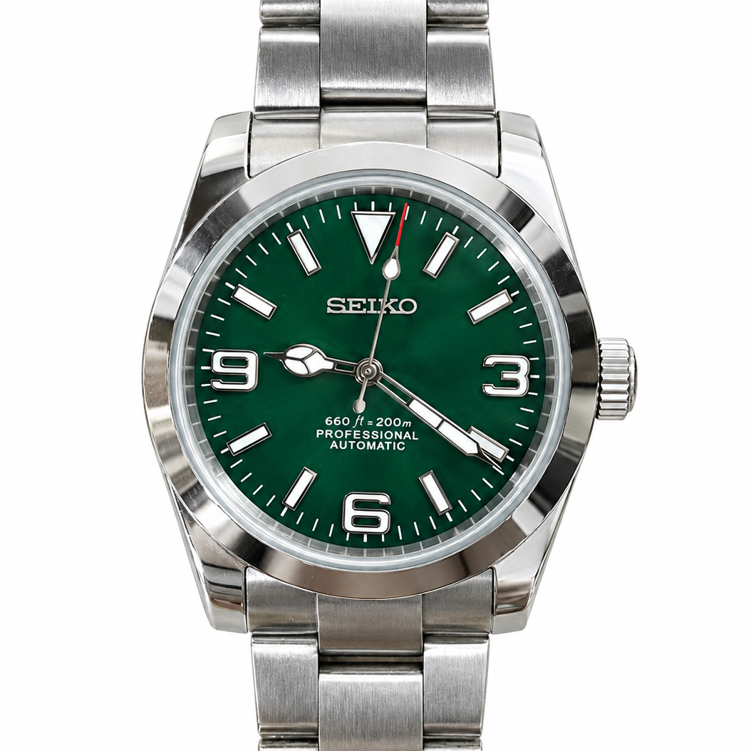 Custom Modified Seiko Explorer-Style Automatic Watch 36mm Green Dial NH35 Luminous 234-0380