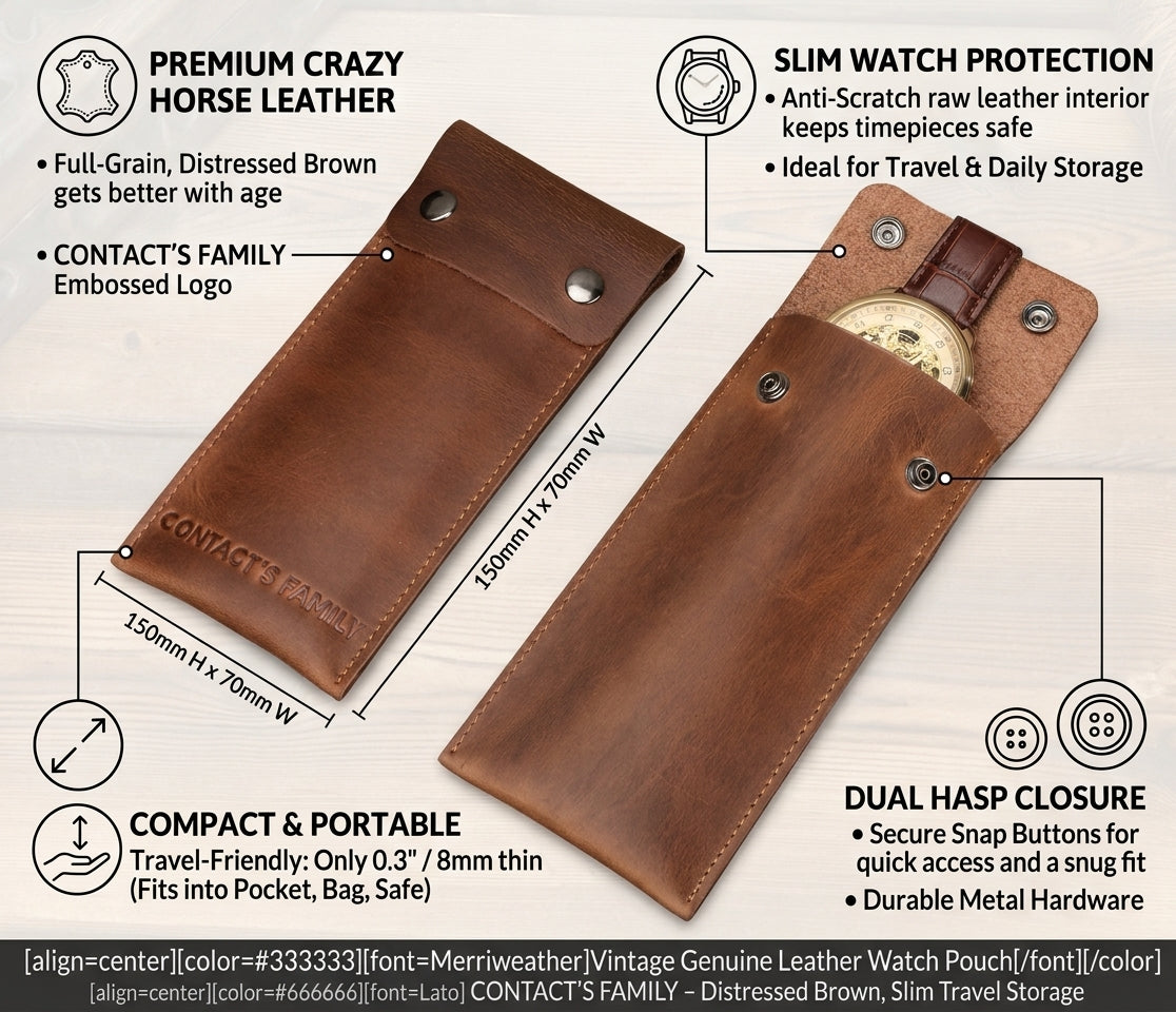 CONTACT'S FAMILY Vintage Genuine Leather Watch Pouch – Slim Portable Travel Watch Storage Sleeve with Dual Snap Hasp Closure
