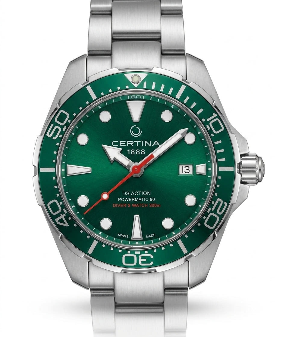 Swiss Certina DS Action Diver Powermatic 80 Automatic Watch Green Dial 300m Sapphire Crystal Full Set 484-1600