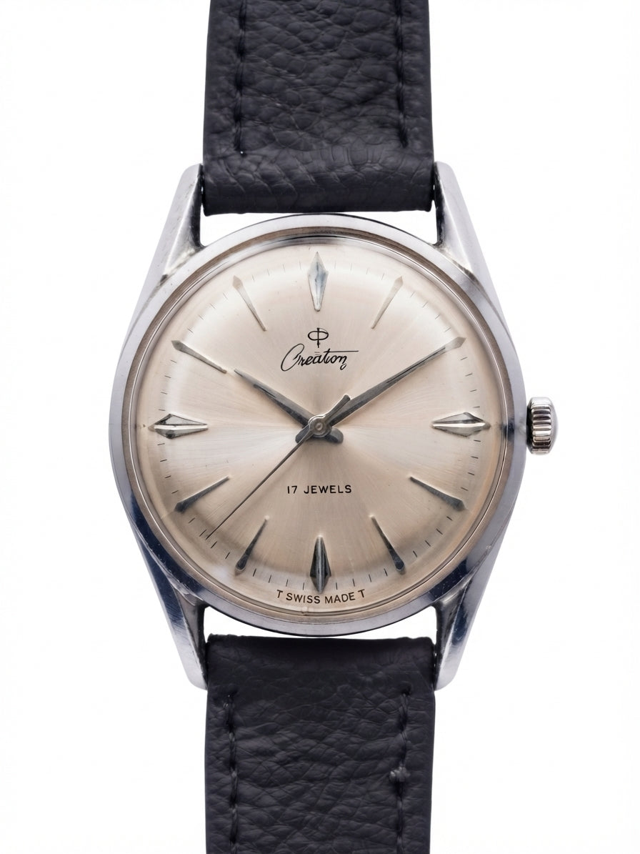 Swiss Creation Manual Wind Vintage Watch Cal. 72 17 Jewels Silver Dial 34mm 1960s 578-0178