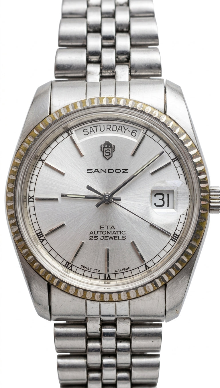 Swiss Sandoz  Automatic Vintage Watch ETA 2834-2 Day Date 25 Jewels 36mm All Original  633-0568
