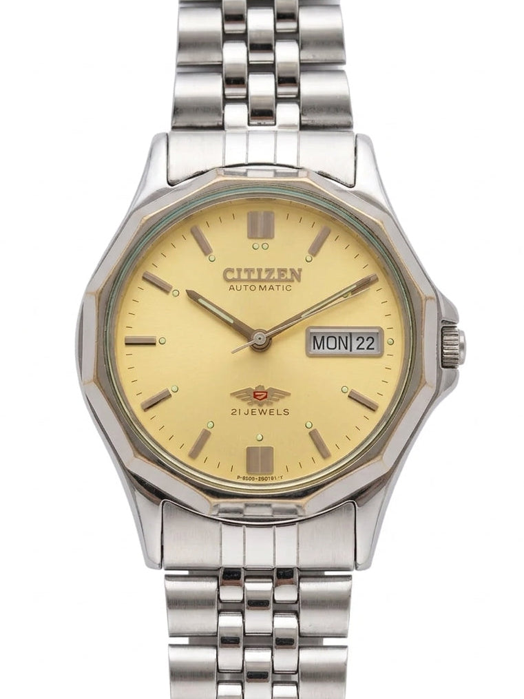 Citizen Automatic Vintage Men's Watch 21 Jewels 8200 Movement 34.7mm Day Date Gold Rotor Exhibition Back 622-0158