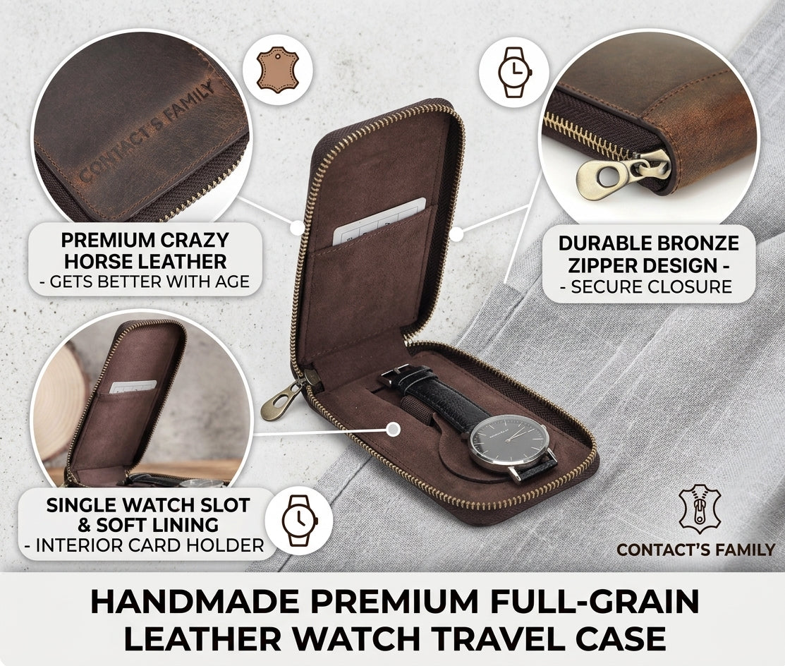 CONTACT'S FAMILY Handmade Crazy Horse Full-Grain Leather Single Watch Travel Case – Premium Distressed Brown Watch Pouch with Zipper & Card Slot