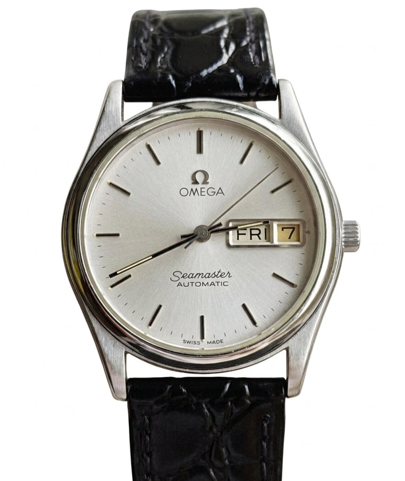 Swiss Vintage Omega Seamaster Automatic Watch Cal. 1020 Day Date 34mm Silver Sunburst Dial Sapphire Crystal 574-2650