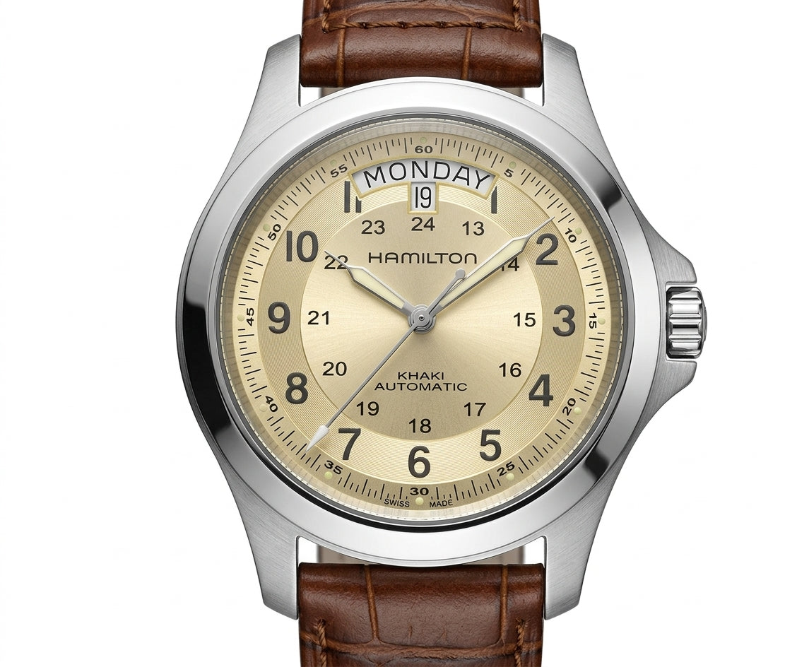 Swiss Hamilton Khaki Field King Automatic Men's Watch 80-Hour Power Reserve Day Date 40mm Champagne Dial Full Set 602-2100