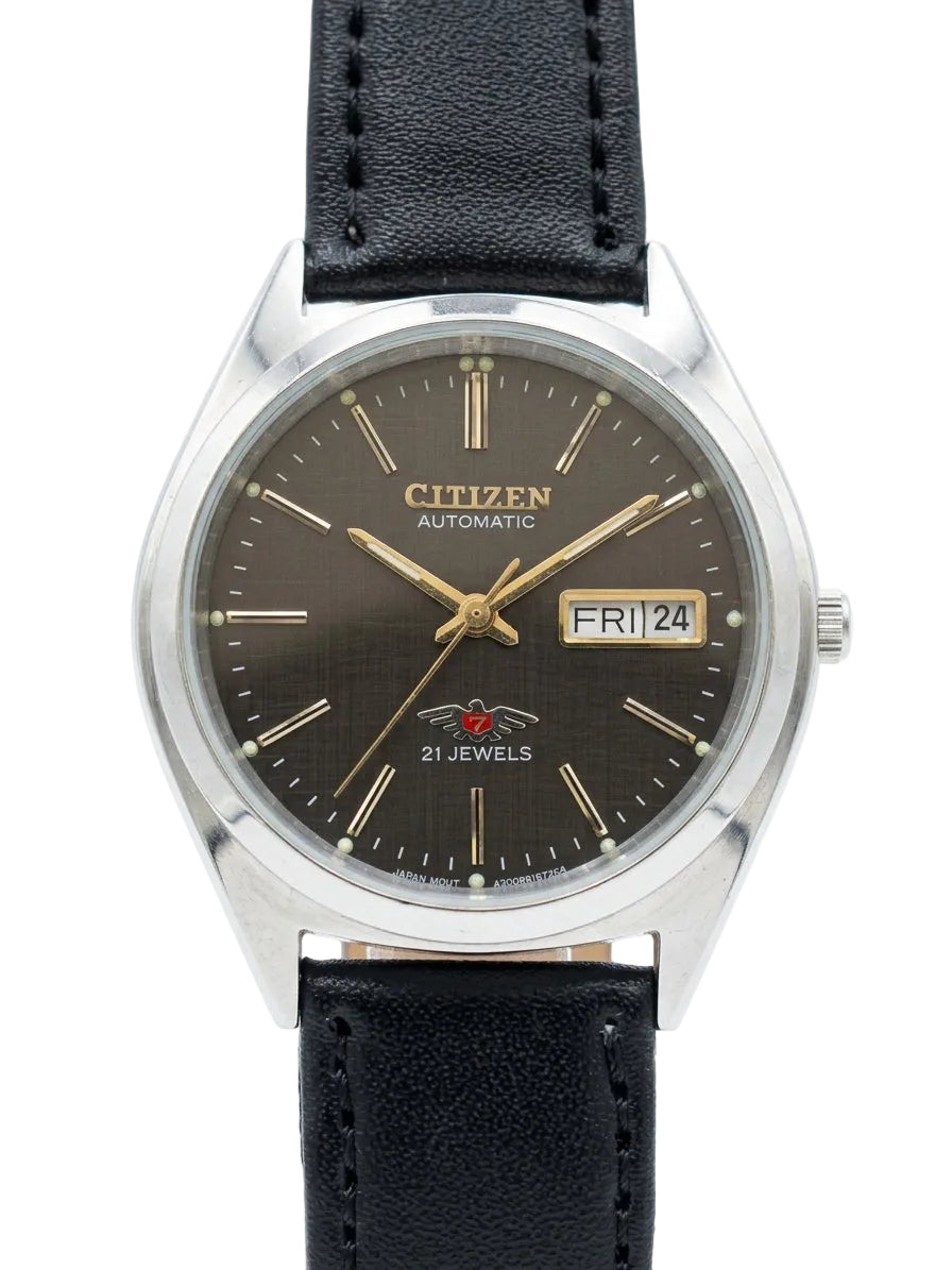 Citizen Automatic Vintage Men's Watch Black Dial 8200 21 Jewels 36mm Day Date Exhibition Caseback 634-0168