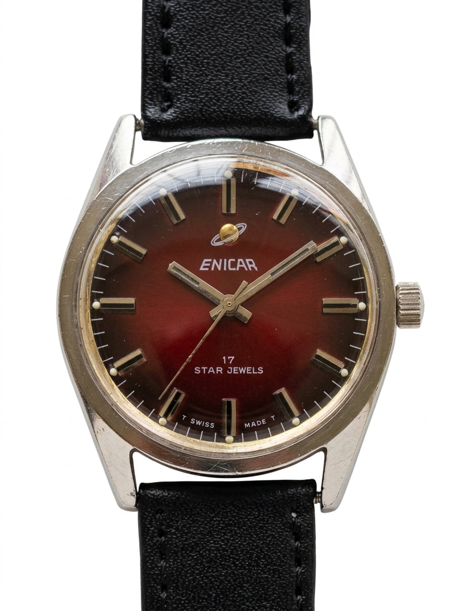 Swiss Enicar Vintage Manual Wind Men's Watch AR160 17 Star Jewels 36mm 1960s Gradient Red Dial 638-0238