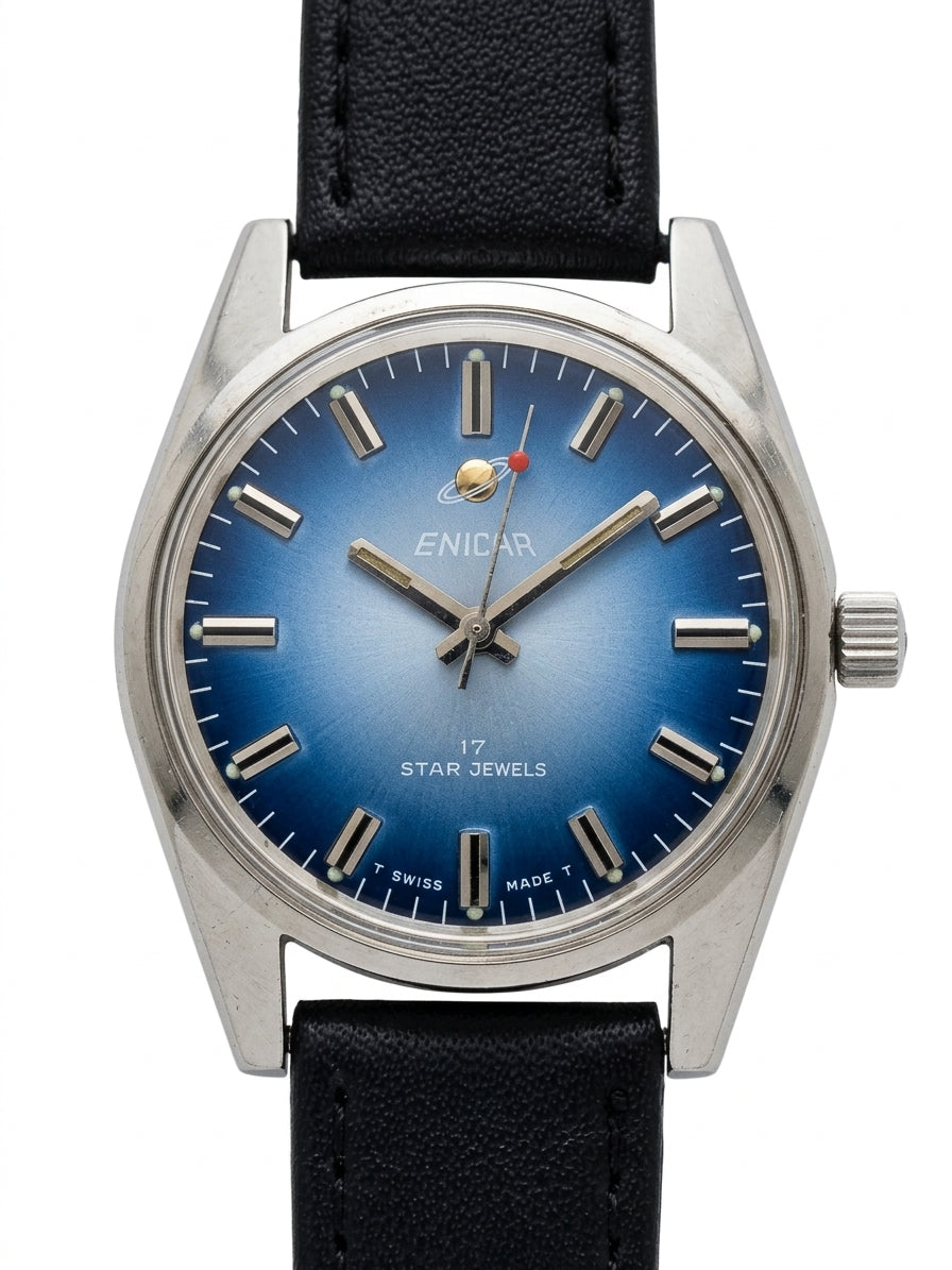 Swiss Enicar Manual Wind Vintage Watch 36mm 17 Jewels 1960s Gradient Blue Dial 640-0238