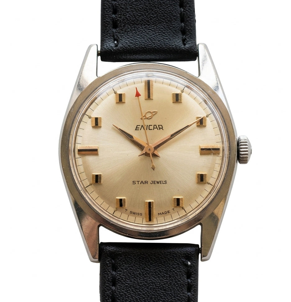 Swiss Enicar Vintage Men's Manual Wind Watch 1960s 34mm Star Jewels Time 619-0278