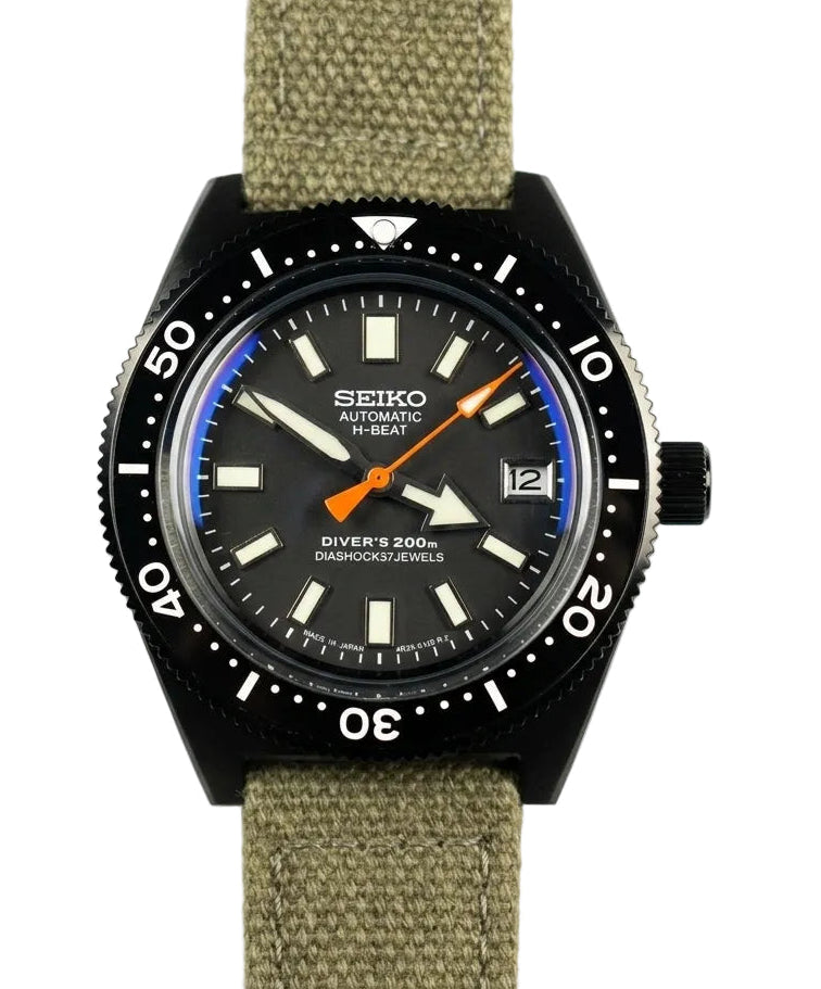Custom Modified Seiko Automatic Watch 40mm Original Seiko NH35A Movement Black Dial Green Canvas Strap 353-0630