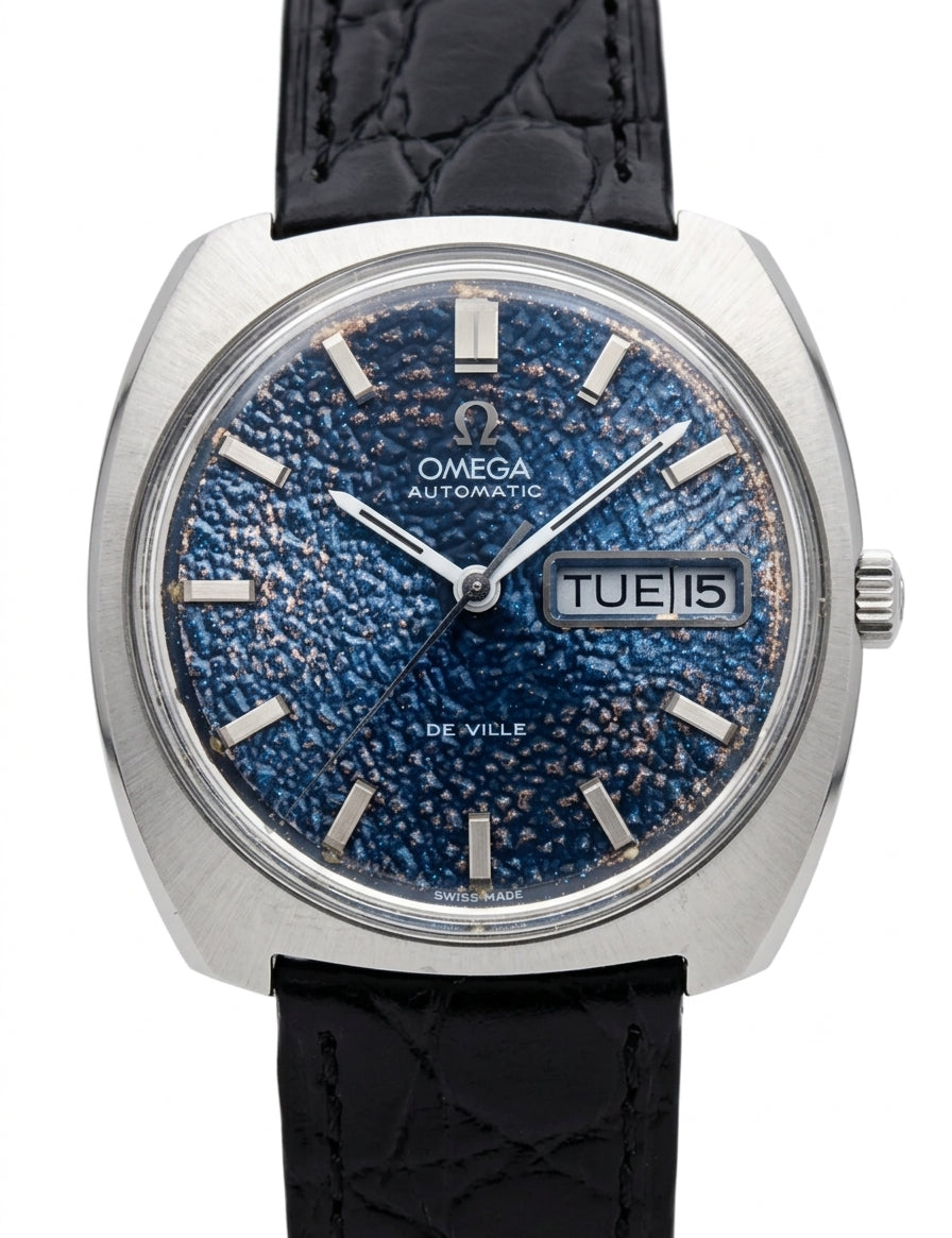Swiss Omega De Ville Automatic Watch Cal. 752 Day Date Blue Meteor Dial 36mm Vintage Pull Quickset 580-3850