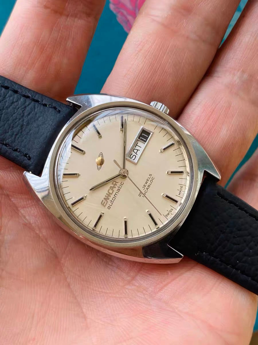 Swiss Vintage Enicar Incabloc Automatic Men's Watch AR2167 Day Date 25 Jewels 35.4mm 1970s 583-0278