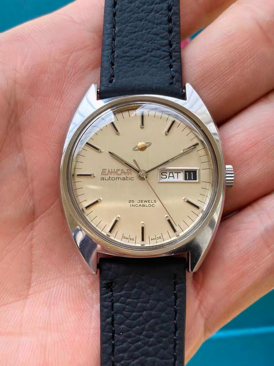 Swiss Vintage Enicar Incabloc Automatic Men's Watch AR2167 Day Date 25 Jewels 35.4mm 1970s 583-0278