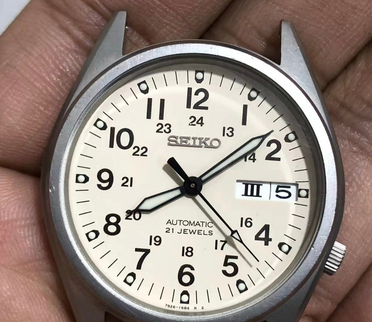 Vintage Men's Seiko Automatic Watch Day Date Khaki Style 35mm Japan Made 591-0350