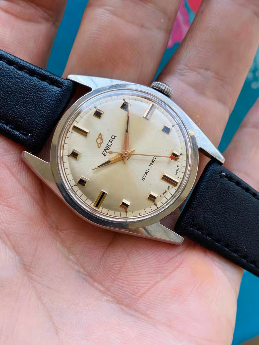 Swiss Enicar Vintage Men's Manual Wind Watch 1960s 34mm Star Jewels Time 619-0278