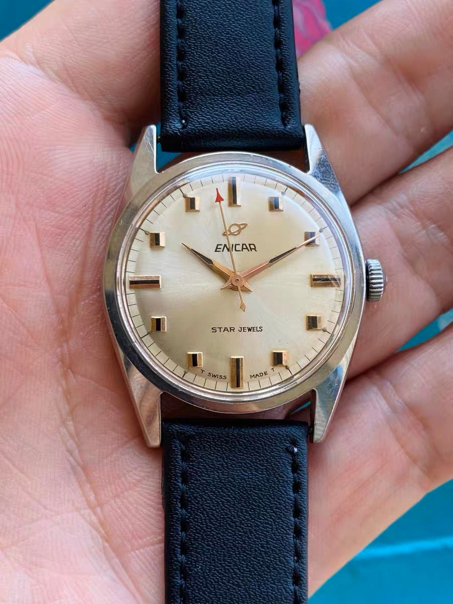 Swiss Enicar Vintage Men's Manual Wind Watch 1960s 34mm Star Jewels Time 619-0278