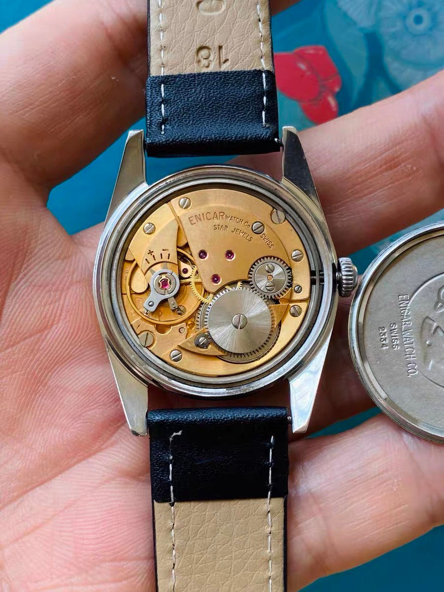 Swiss Enicar Vintage Men's Manual Wind Watch 1960s 34mm Star Jewels Time 619-0278