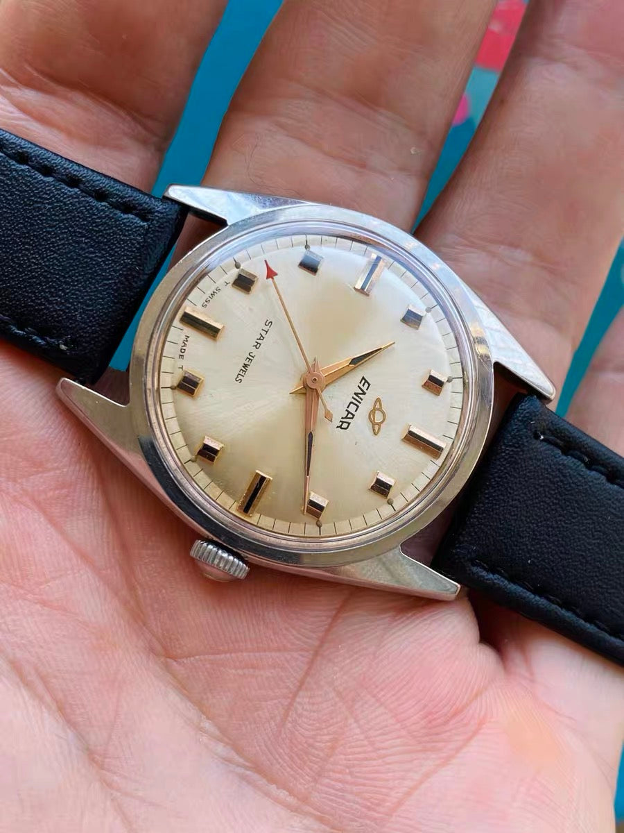 Swiss Enicar Vintage Men's Manual Wind Watch 1960s 34mm Star Jewels Time 619-0278