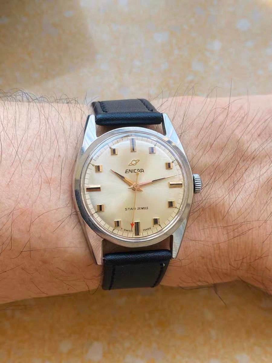Swiss Enicar Vintage Men's Manual Wind Watch 1960s 34mm Star Jewels Time 619-0278