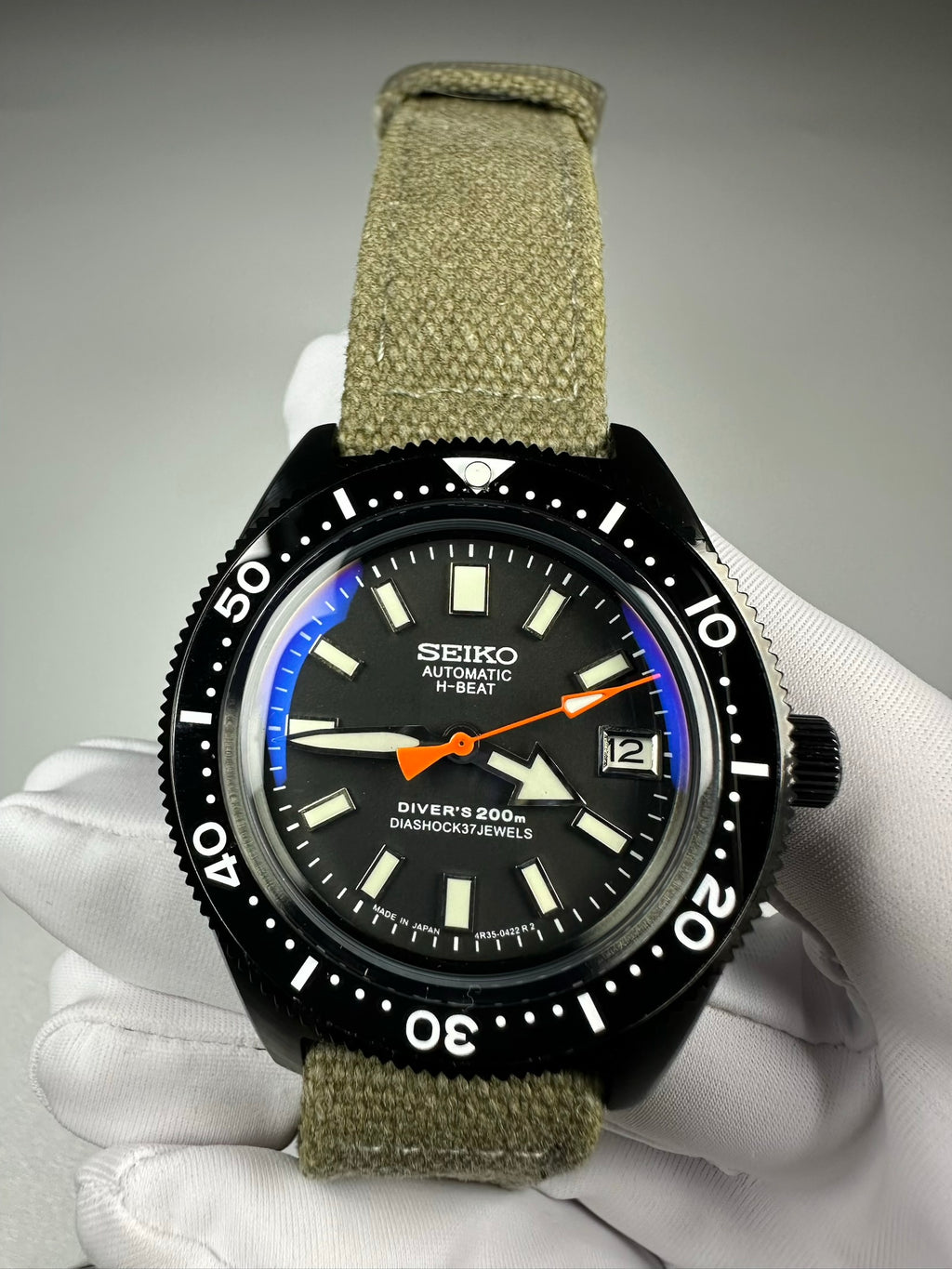 Custom Modified Seiko Automatic Watch 40mm Original Seiko NH35A Movement Black Dial Green Canvas Strap 353-0630