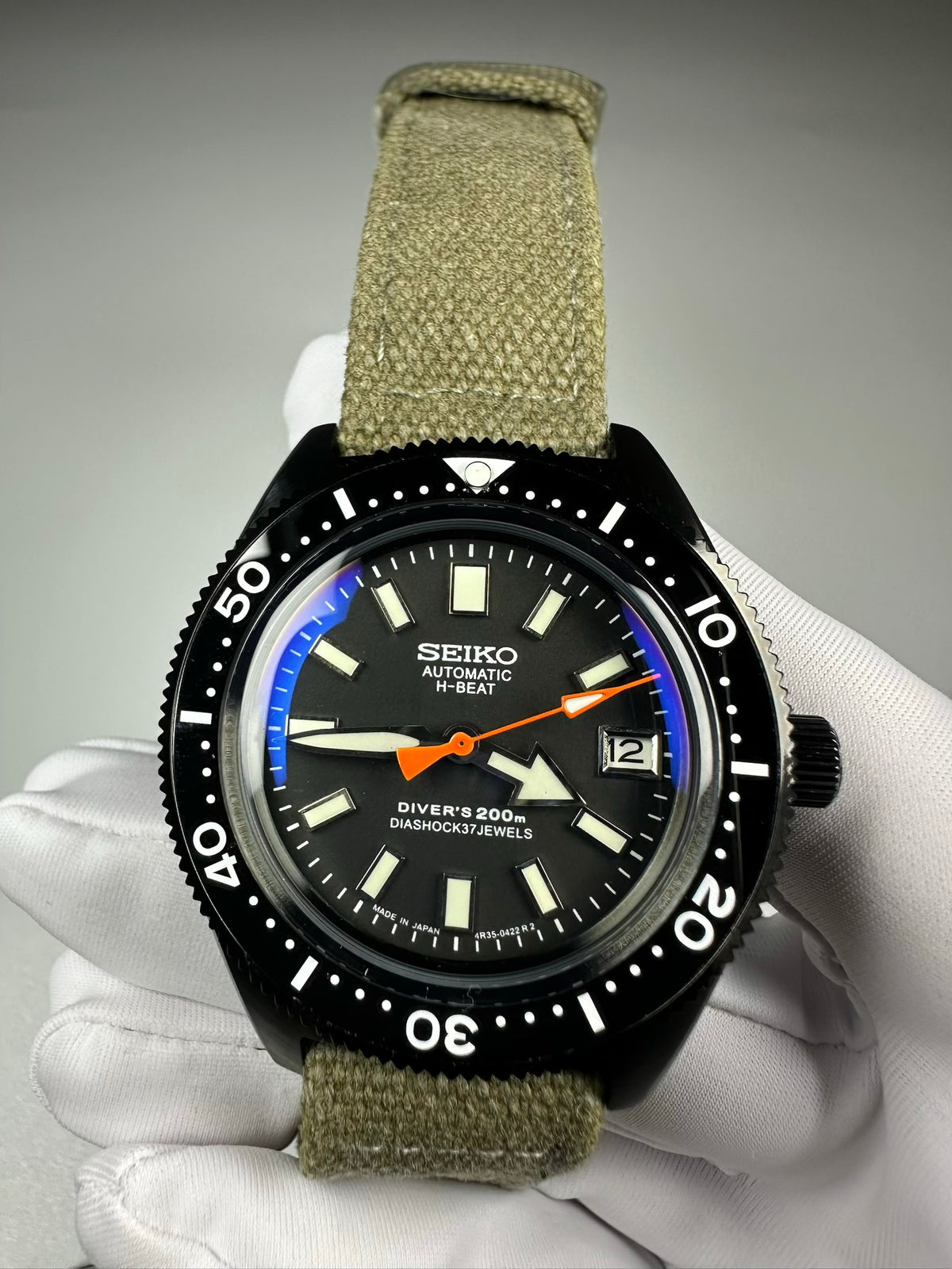 Custom Modified Seiko Automatic Watch 40mm Original Seiko NH35A Movement Black Dial Green Canvas Strap 353-0630