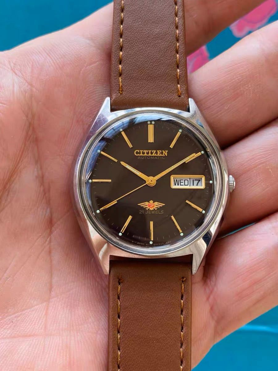 Citizen Automatic Vintage Watch 8200 Day Date 21 Jewels 36mm 1980s Brown Dial 627-0178
