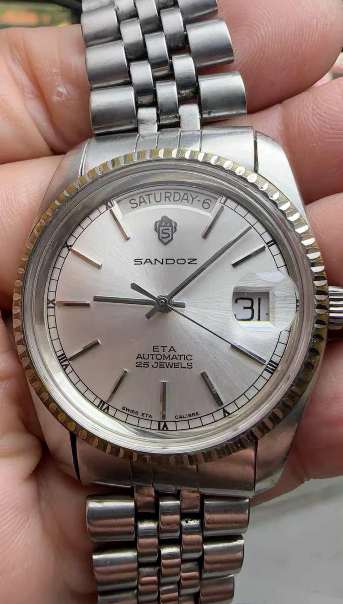 Swiss Sandoz  Automatic Vintage Watch ETA 2834-2 Day Date 25 Jewels 36mm 633-0568
