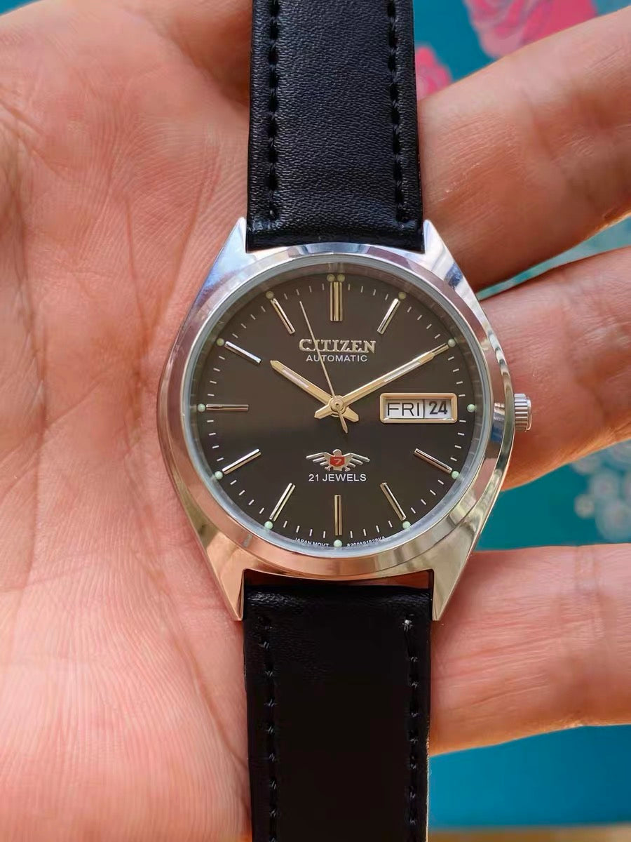Citizen Automatic Vintage Men's Watch Black Dial 8200 21 Jewels 36mm Day Date Exhibition Caseback 634-0168