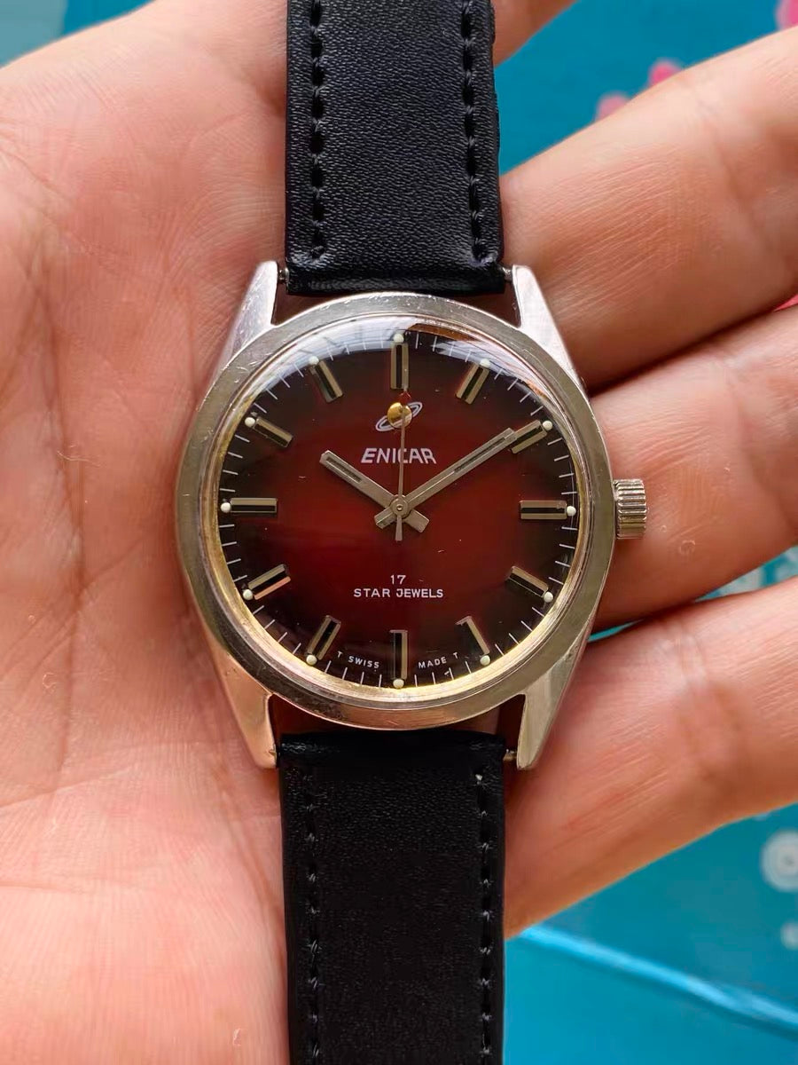 Swiss Enicar Vintage Manual Wind Men's Watch AR160 17 Star Jewels 36mm 1960s Gradient Red Dial 638-0238