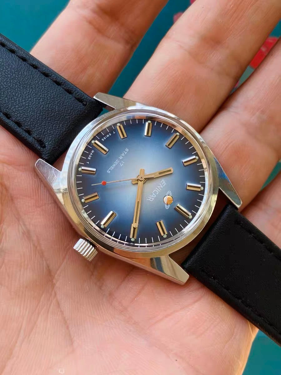 Swiss Enicar Manual Wind Vintage Watch 36mm 17 Jewels 1960s Gradient Blue Dial 640-0238