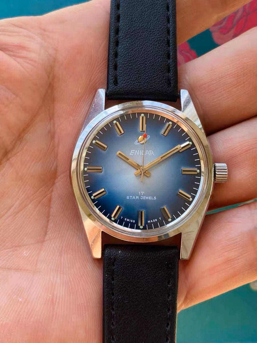 Swiss Enicar Manual Wind Vintage Watch 36mm 17 Jewels 1960s Gradient Blue Dial 640-0238