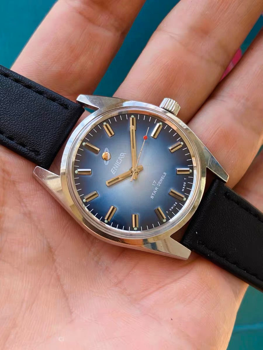 Swiss Enicar Manual Wind Vintage Watch 36mm 17 Jewels 1960s Gradient Blue Dial 640-0238