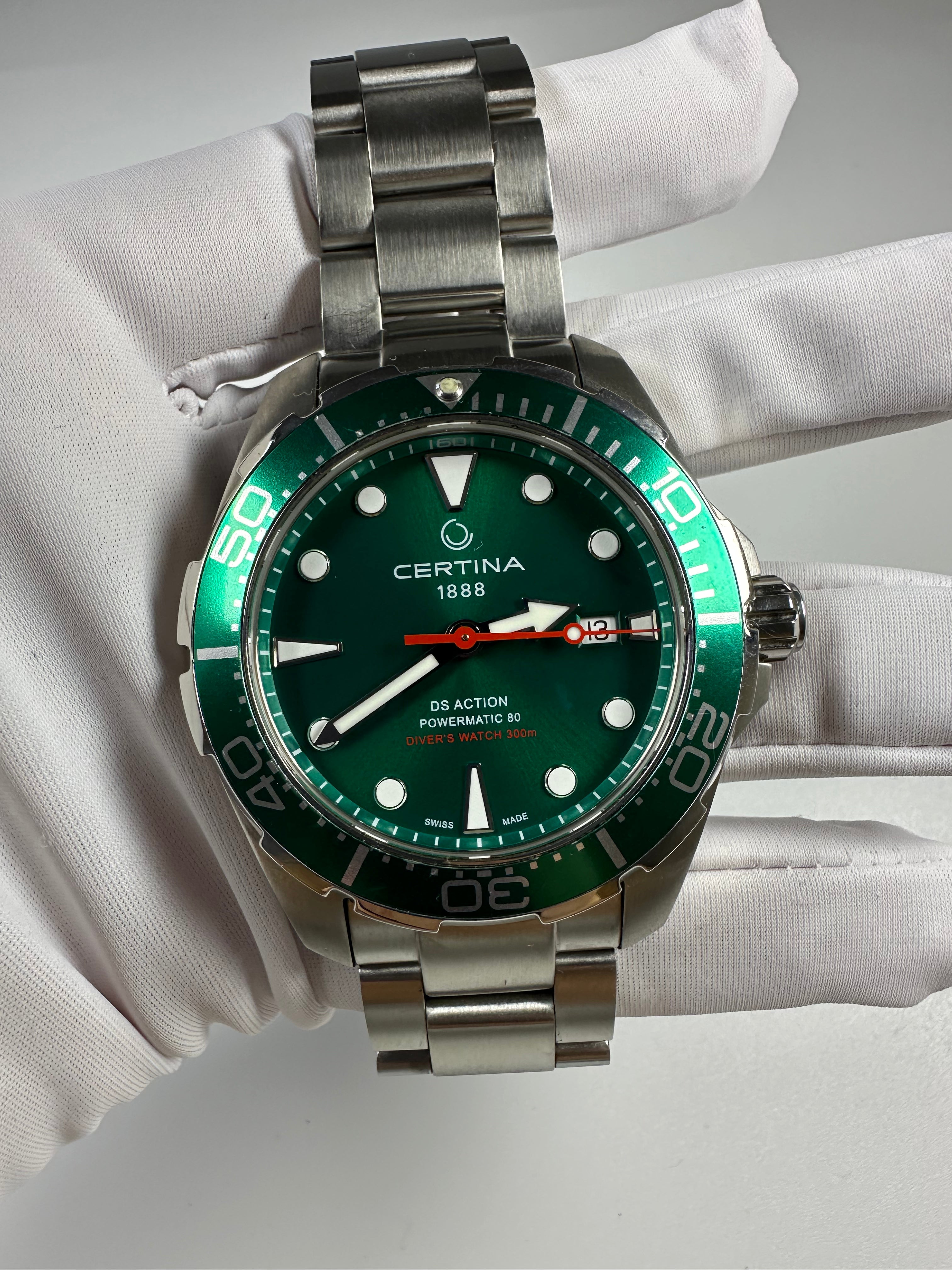 Swiss Certina DS Action Diver Powermatic 80 Automatic Watch Green Dial 300m Sapphire Crystal Full Set 484-1600