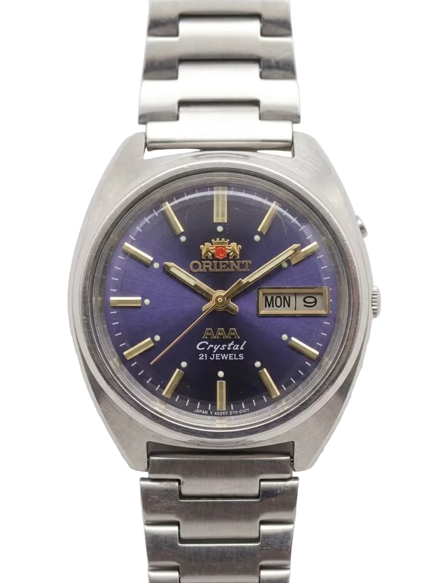 Orient AAA Automatic Vintage Men's Watch Cal. 46943 Day Date Blue Sunburst Dial 36.2mm Vintage Stainless Steel 180-0240