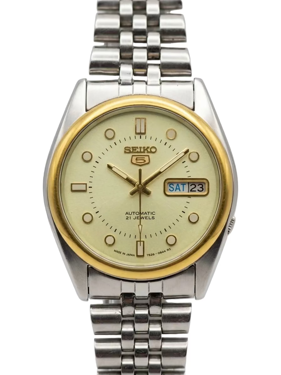 Seiko Number 5 Automatic Day Date Vintage Men's Watch 21 Jewels 7009 Movement Luminous Dial 24K Gold Plated Bezel 529-0200