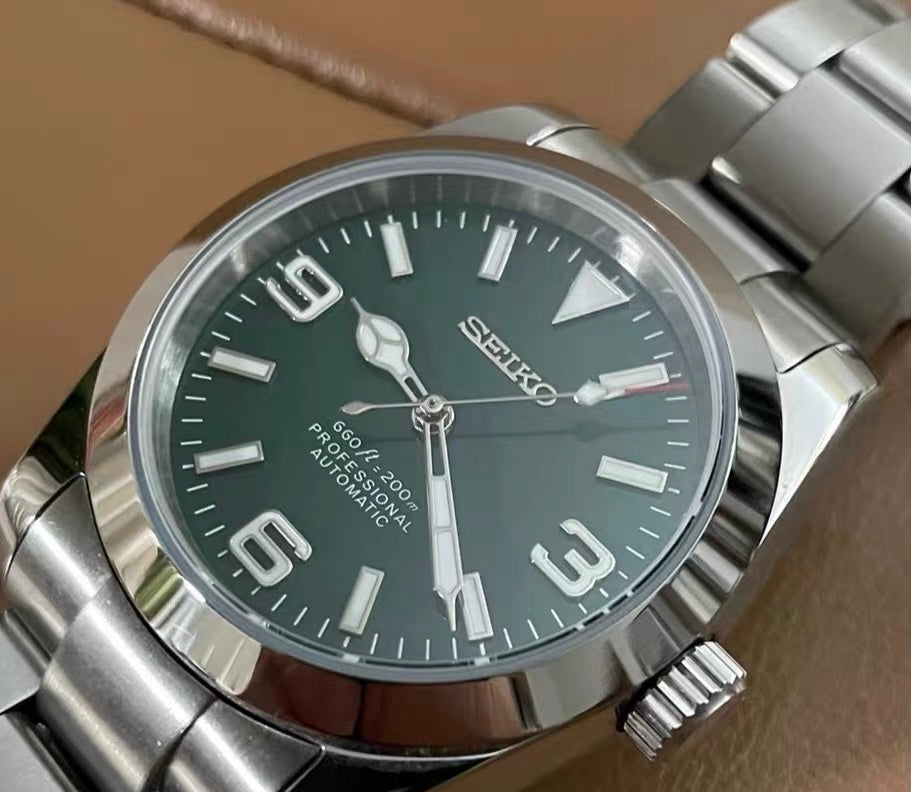 Custom Modified Seiko Explorer-Style Automatic Watch 36mm Green Dial NH35 Luminous 234-0380